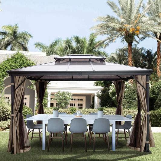 Polycarbonate Hardtop 10x10 Gazebo with Netting Aluminum Double Tier Roof for Patio Backyard Outdoor, Customized