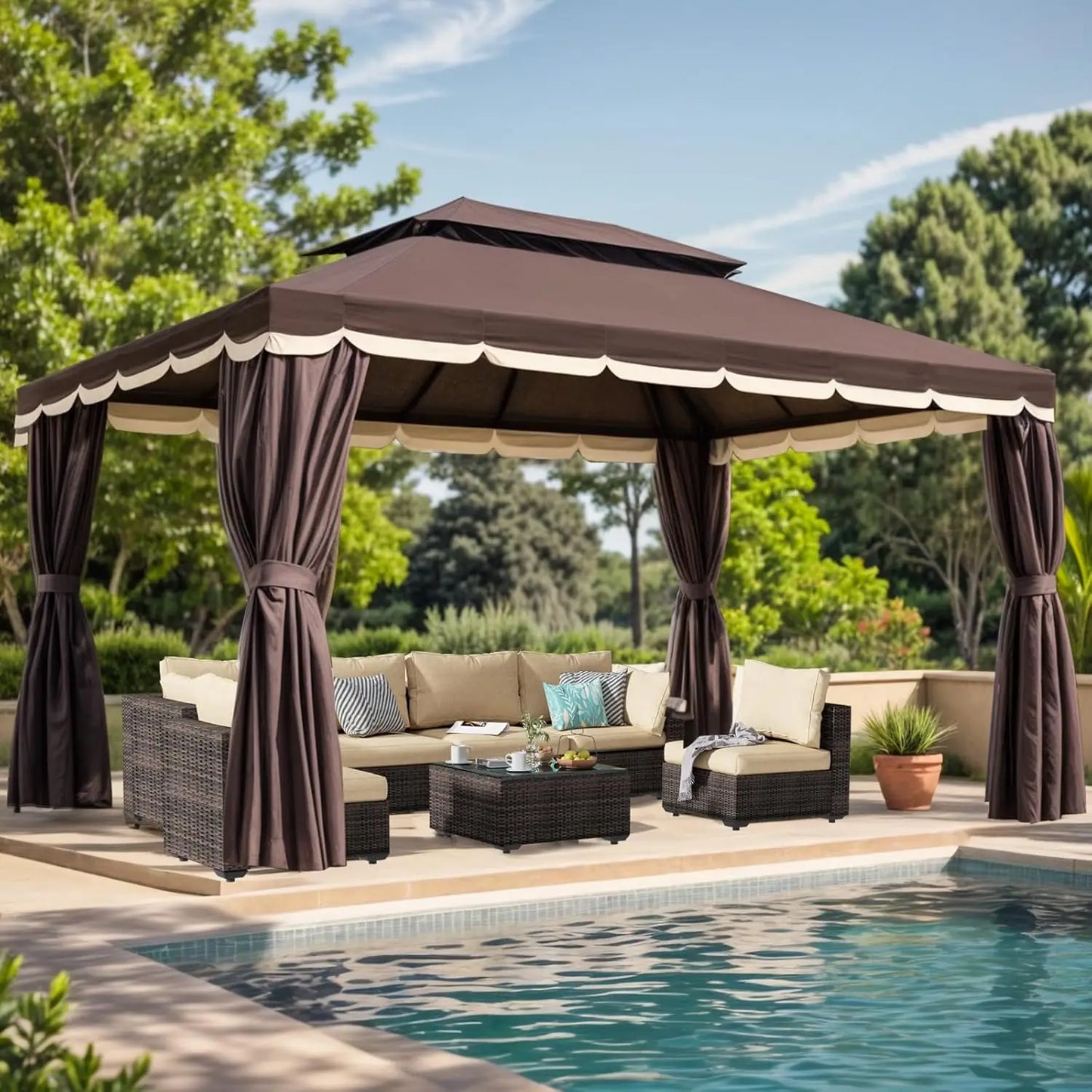 10'x13' Outdoor Patio Gazebo,Heavy Duty Party Tent & Shelter with Double Roofs, Mosquito Nettings and Curtains for, Custom