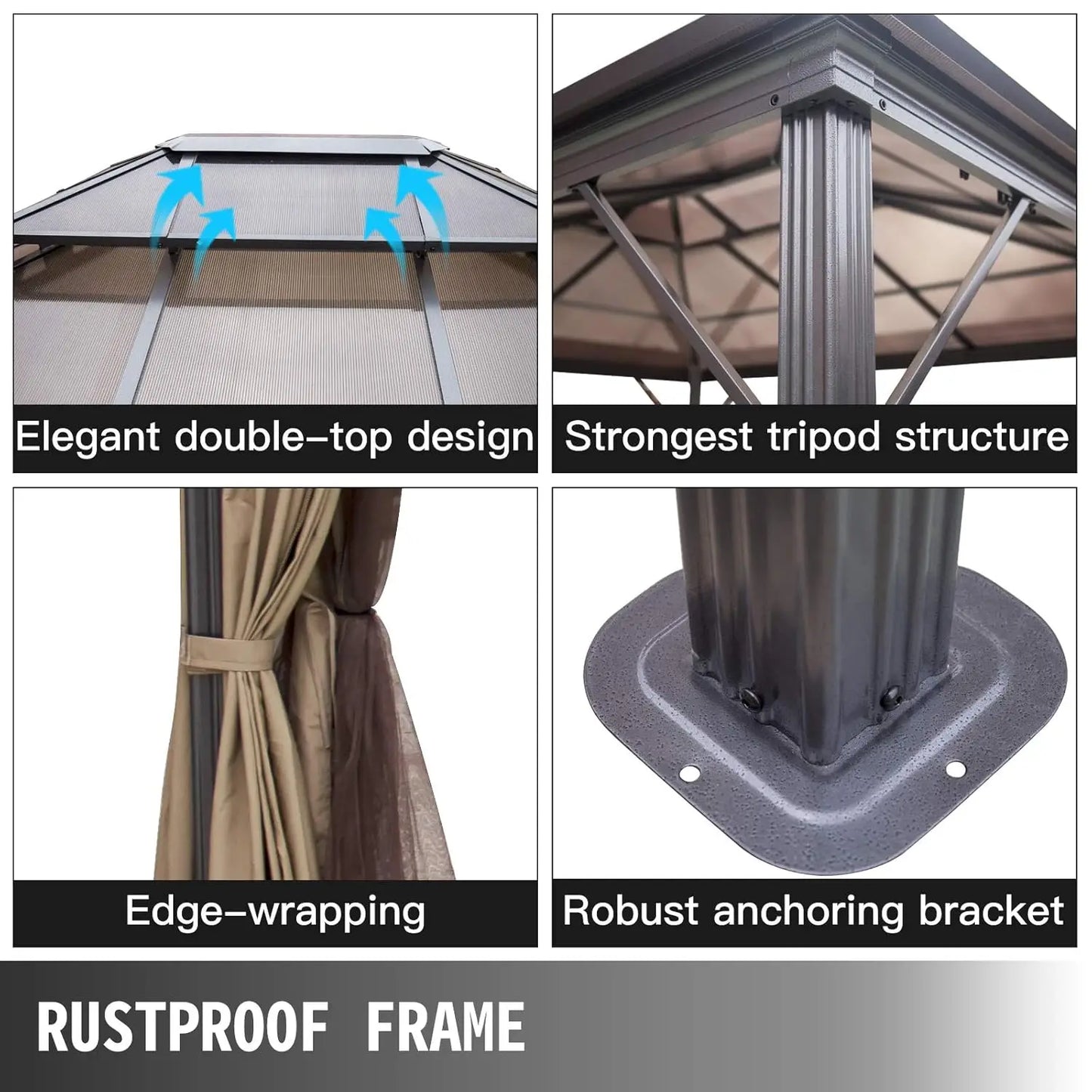 Polycarbonate Hardtop 10x10 Gazebo with Netting Aluminum Double Tier Roof for Patio Backyard Outdoor, Customized