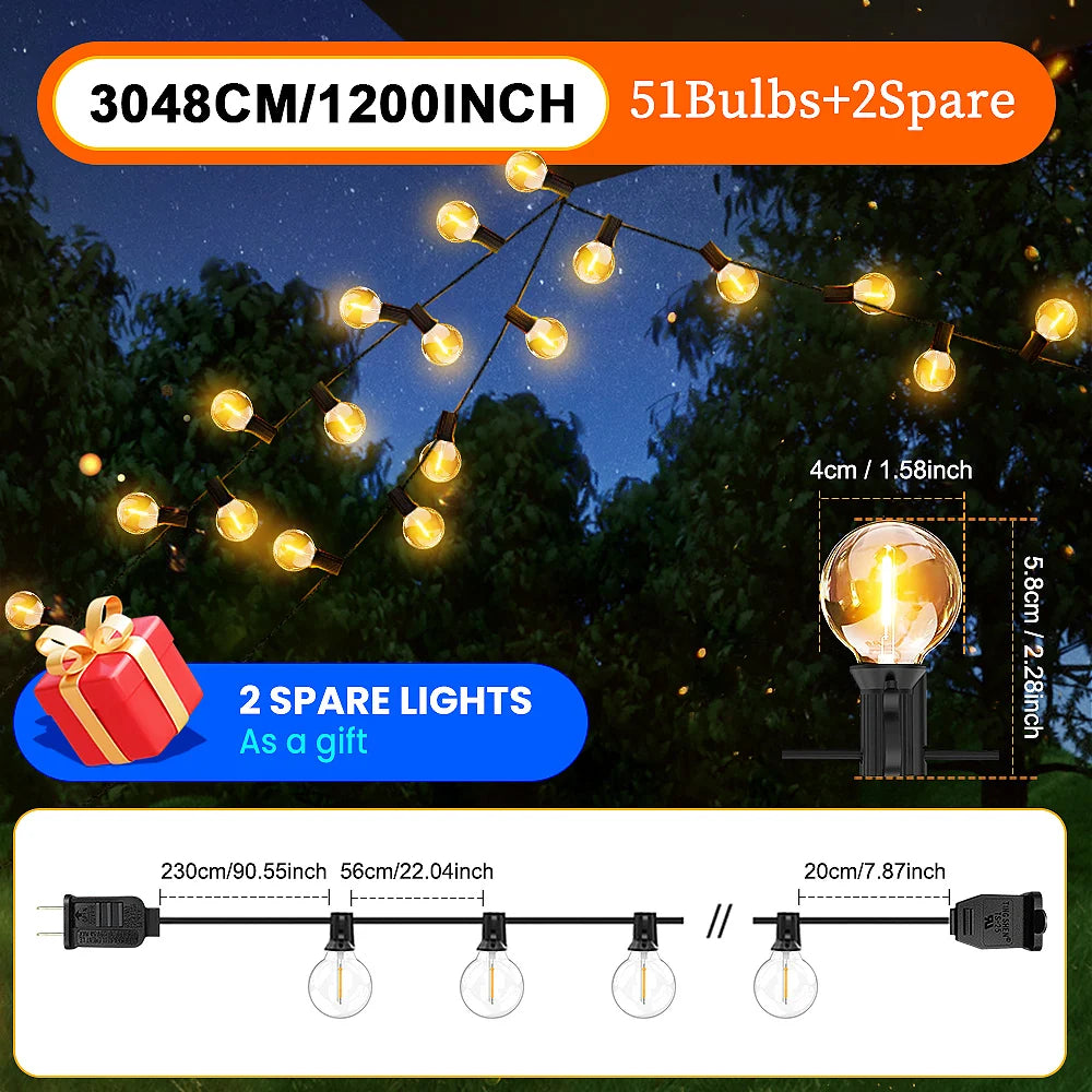 30M/15M/7M G40 LED Globe String Lights Outdoor with US Plug, Bright Plastic Waterproof Bulbs For Party Garden Garland Lamp