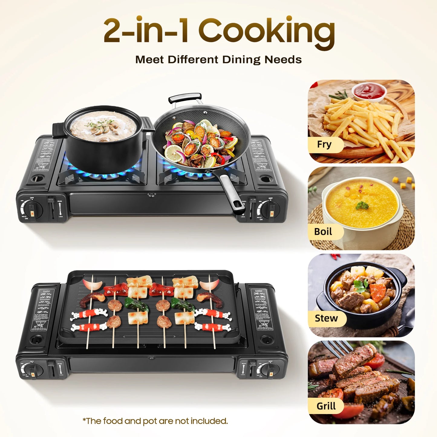 2500W Portable Camping Stove 2 Burners Camping Stove with Baking Tray & Portable Case Use Butane or LPG Home Application Outdoor