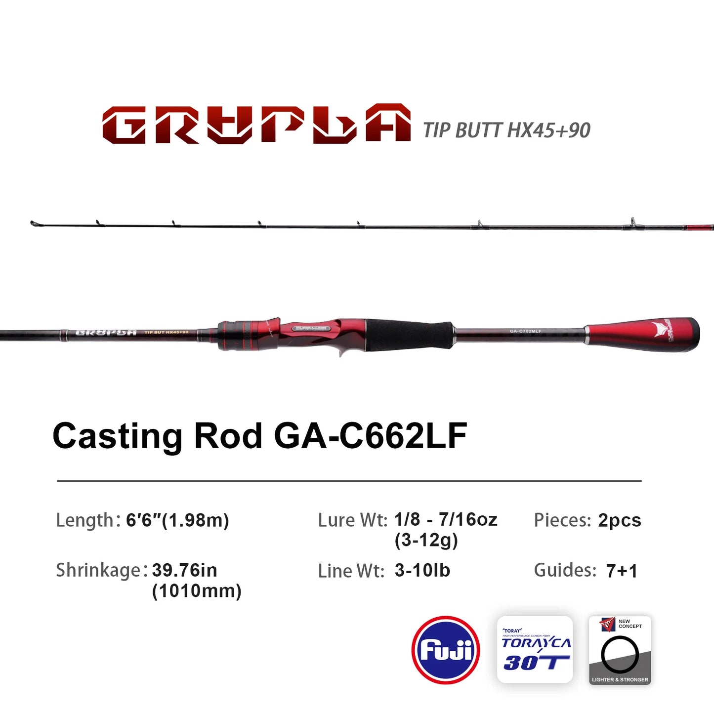 PURELURE GRUPLA Fishing Rod Spinning & Casting Fast/Extra Fast Action Light-MH Power Fuji Guide Rings 30T Carbon Fiber Blank Sturdy Reel Seat Carbon Triangle Handle