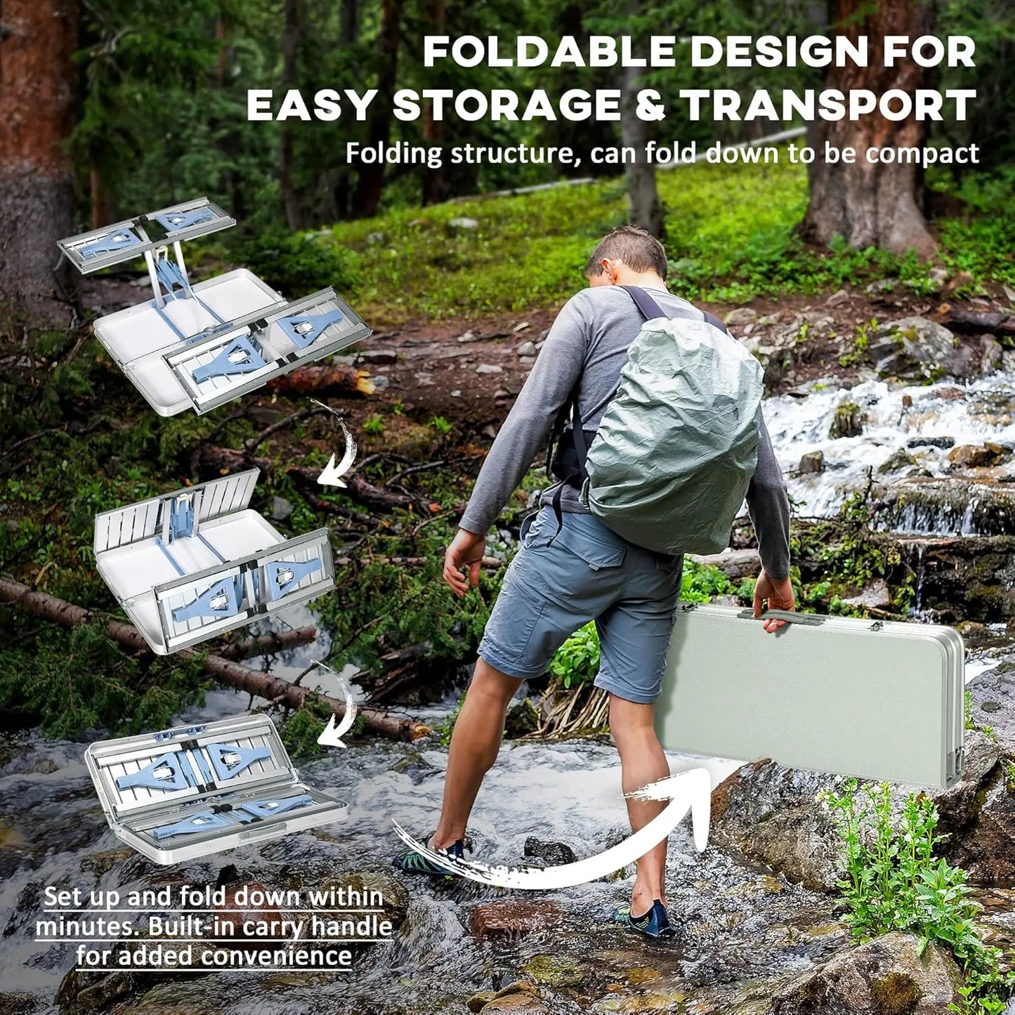 Folding Picnic Table with Umbrella Hole, Aluminum Suitcase Portable Outdoor Table with Bench, Patio, Porch or, Customized