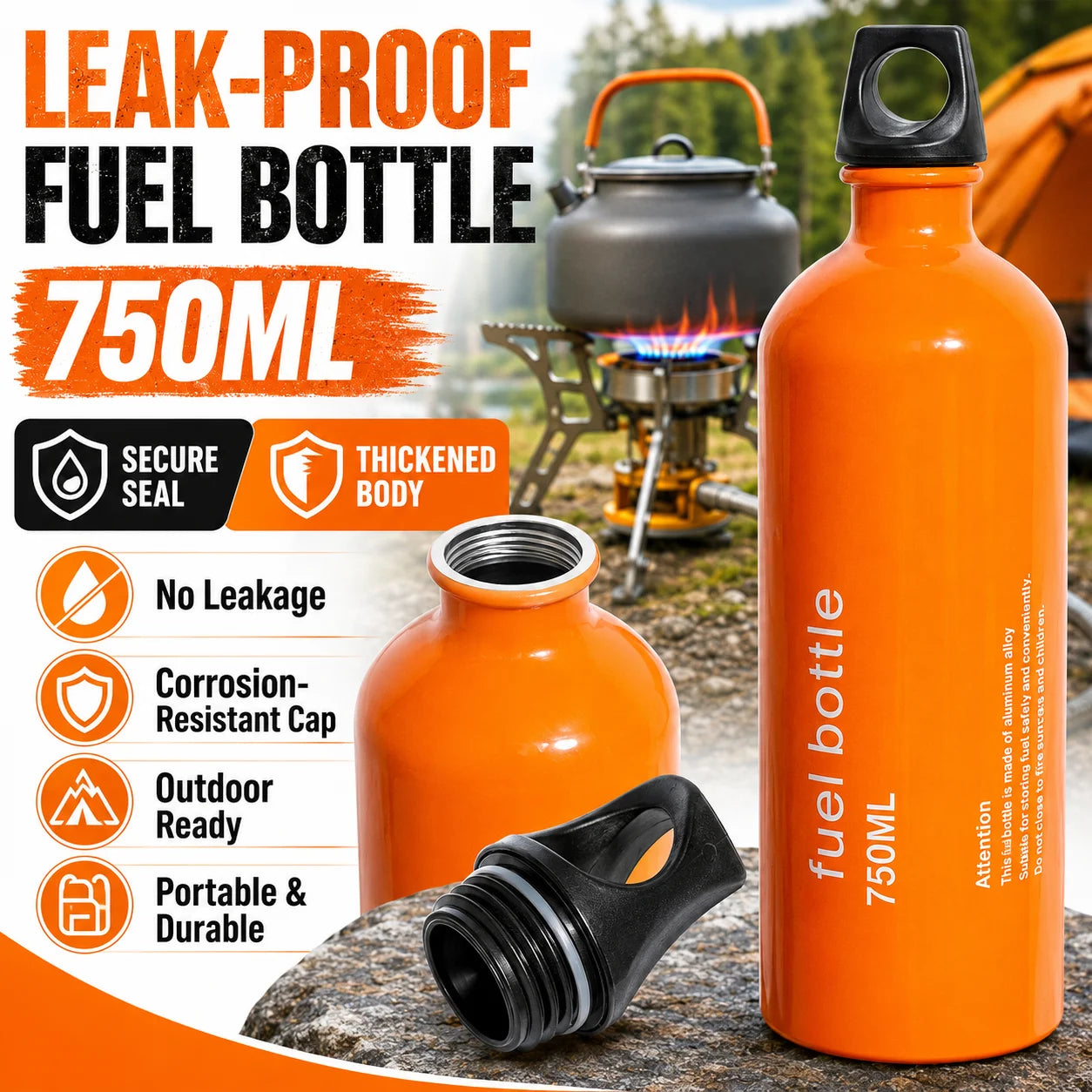 750ml Aluminum Fuel Bottle Camping Stove Gas Oil Storage Can Leakproof Orange Lightweight Outdoor Fuel Container for Backpacking Hiking Picnic Camp Burner Refill Portable Travel Bottle Durable Safety Cap Camping Gear Accessor