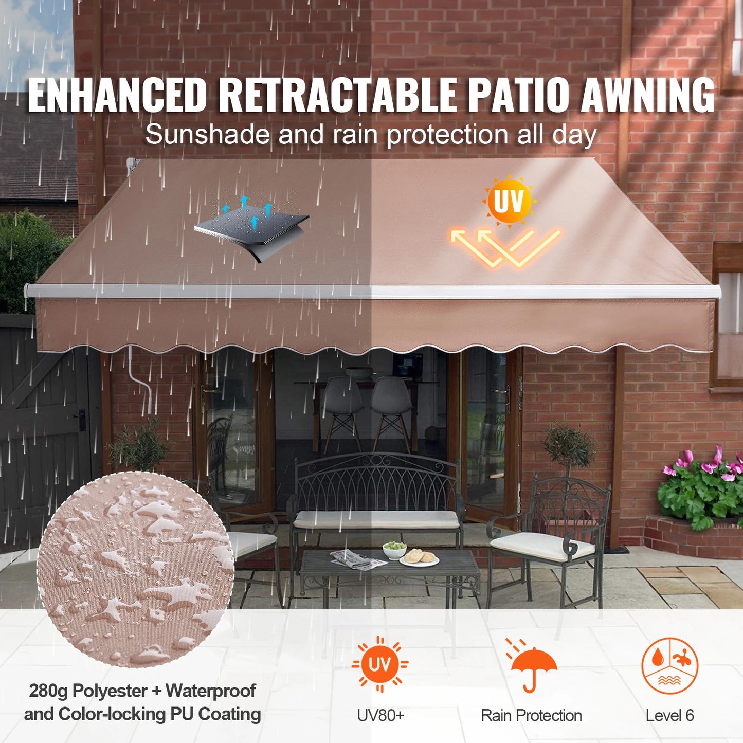 SucceBuy Manual Retractable Awning Outdoor Awning Retractable Sun Shade Water-Resistant Polyester Patio Door Window for Backyard