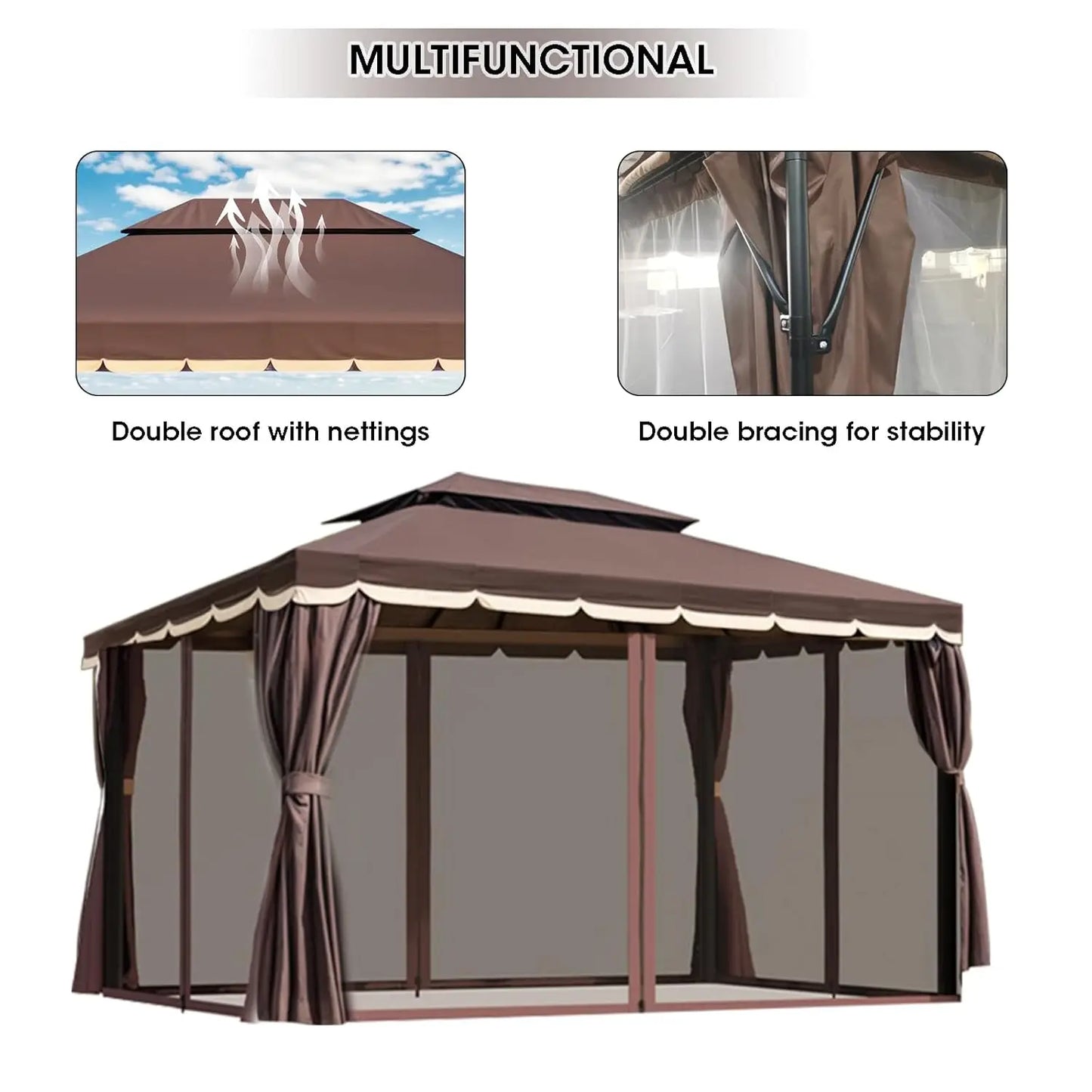 10'x13' Outdoor Patio Gazebo,Heavy Duty Party Tent & Shelter with Double Roofs, Mosquito Nettings and Curtains for, Custom