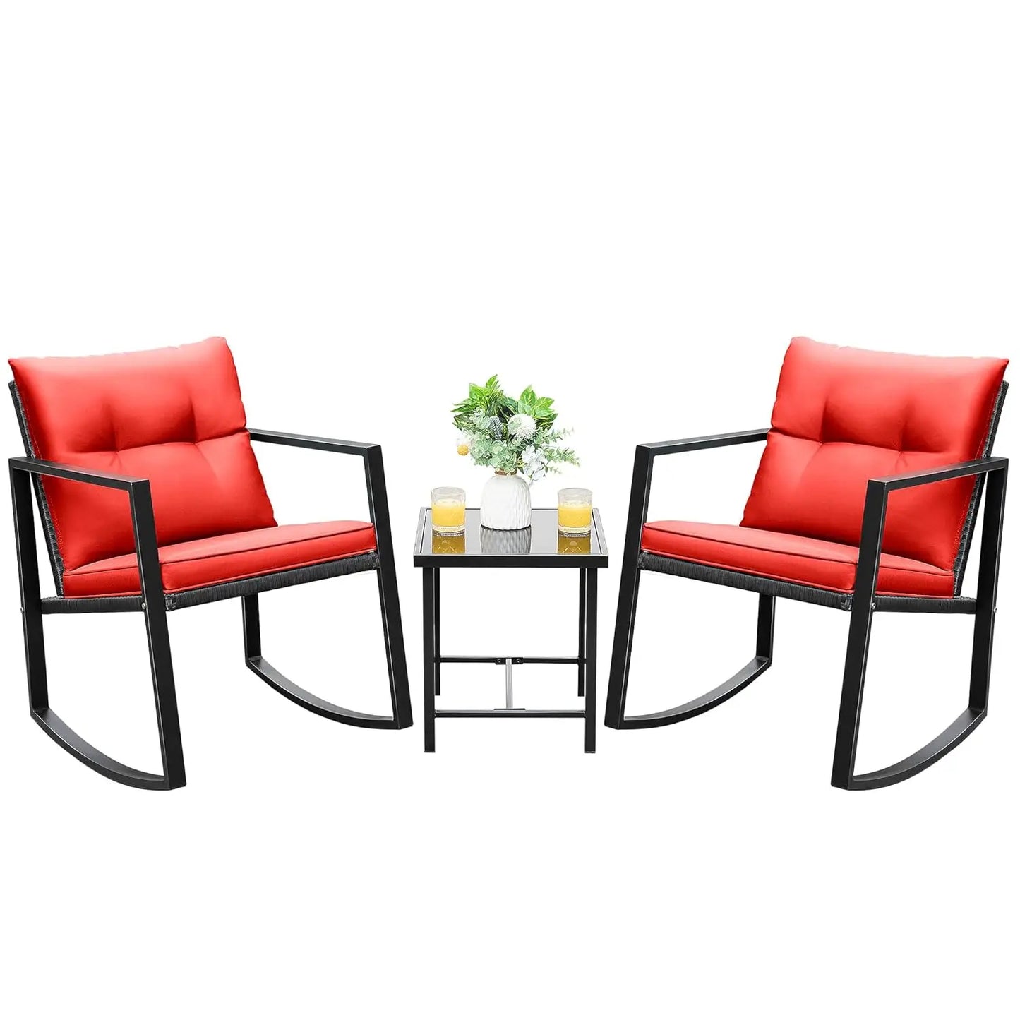 3 Piece Rocking Bistro Set Wicker Patio Outdoor Furniture Porch Chairs Conversation Sets with Glass Coffee Table, Customized