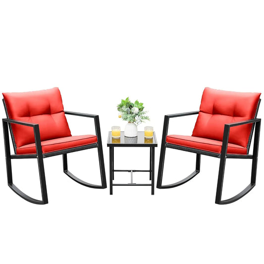 3 Piece Rocking Bistro Set Wicker Patio Outdoor Furniture Porch Chairs Conversation Sets with Glass Coffee Table, Customized