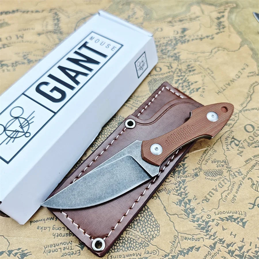 GiantMouse GMF3 Fixed Blade Knife Satin Drop Point Blade with Leather Sheath Outdoor Camping Hunting Portable Straight Knives