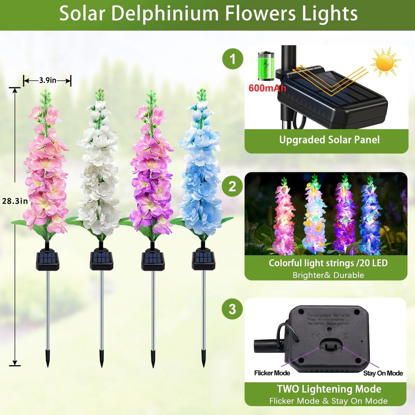 Solar Garden Lights, Solar Delphinium Flowers Lights 4 Pack 80 LEDs, Waterproof Outdoor Light Two Lighting Modes for Outside Wedding Party Garden Yard Patio Lawn Decor