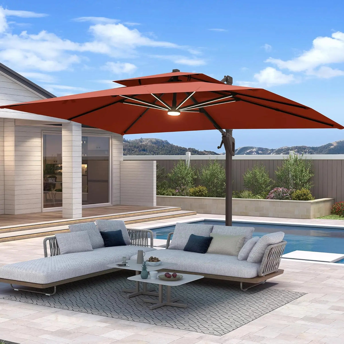 10 X 13 FT Cantilever Patio Umbrella with Base Included & Led Lights Outdoor Rectangle Offset Large Double Top, Customized
