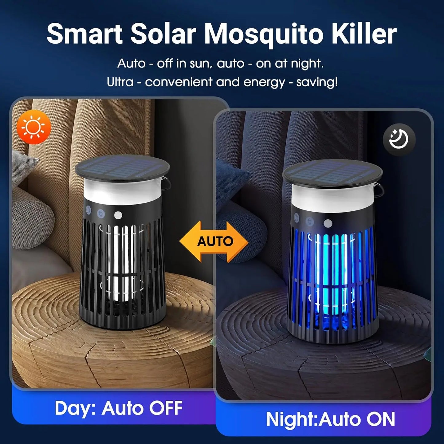 Solar Bug Zapper Outdoor, Portable Electric Mosquito Killer Rechargeable Insect Trap with LED Night Light and Flame Effect
