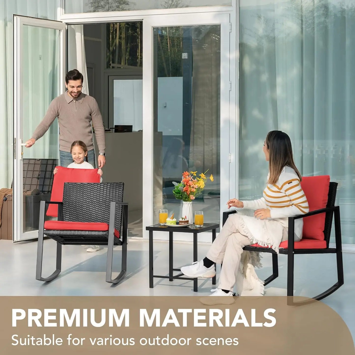 3 Piece Rocking Bistro Set Wicker Patio Outdoor Furniture Porch Chairs Conversation Sets with Glass Coffee Table, Customized
