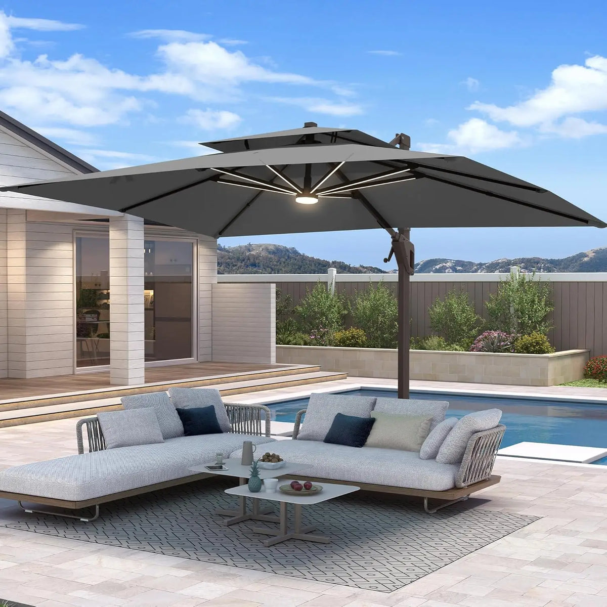 10 X 13 FT Cantilever Patio Umbrella with Base Included & Led Lights Outdoor Rectangle Offset Large Double Top, Customized