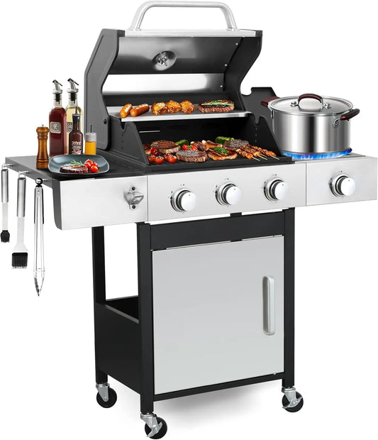 3 Burner Propane Gas Grill, Outdoor BBQ Grill with Side Burner, Barbecue Grill with Cast Iron Grate, Outdoor Gas, Customized