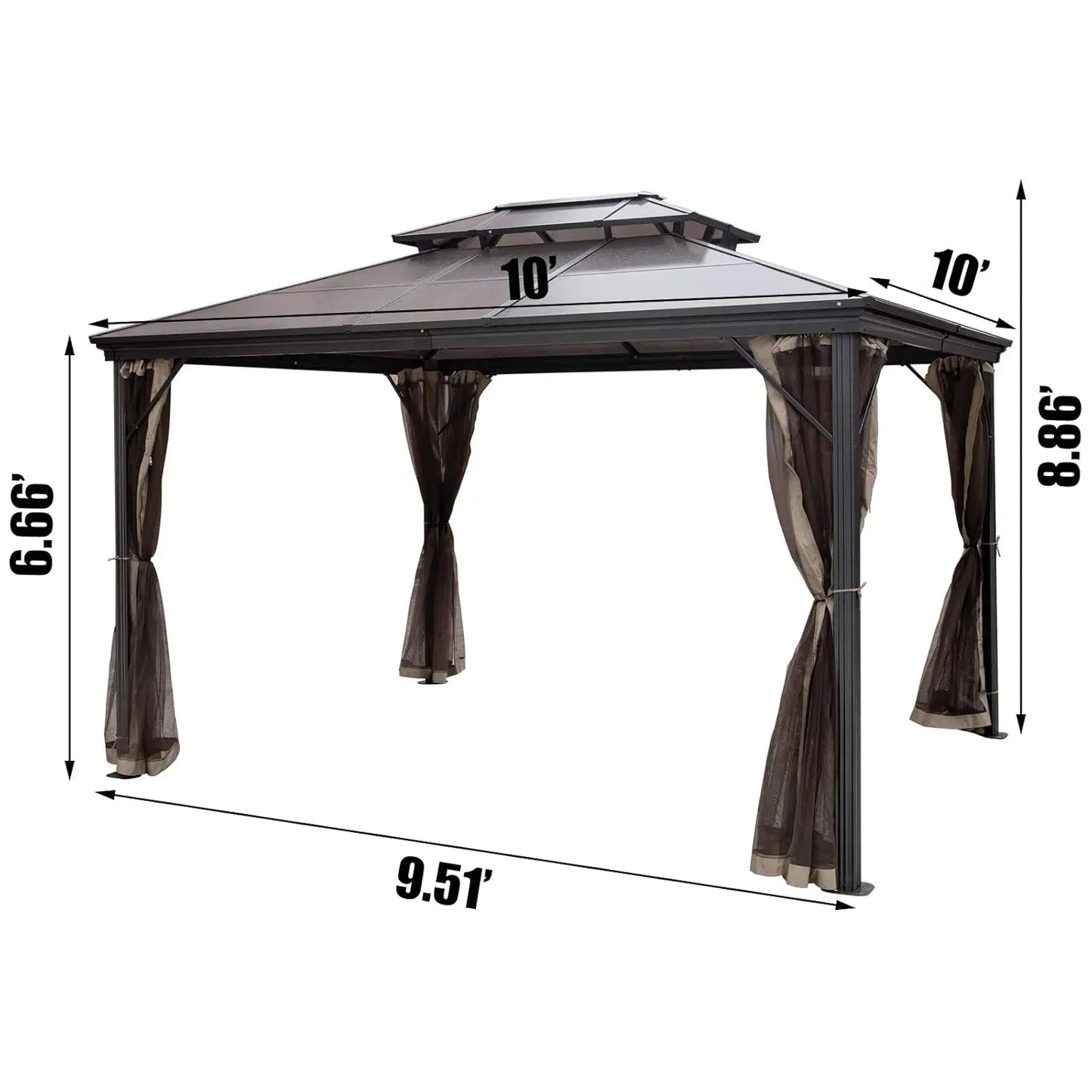 Polycarbonate Hardtop 10x10 Gazebo with Netting Aluminum Double Tier Roof for Patio Backyard Outdoor, Customized
