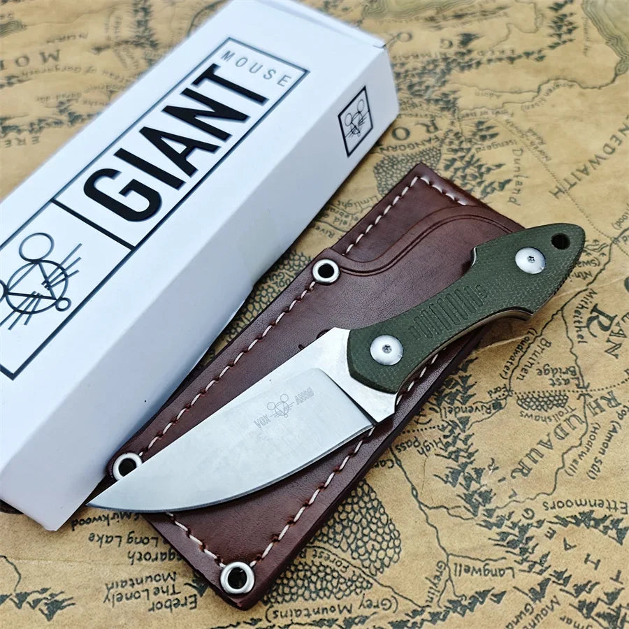 GiantMouse GMF3 Fixed Blade Knife Satin Drop Point Blade with Leather Sheath Outdoor Camping Hunting Portable Straight Knives