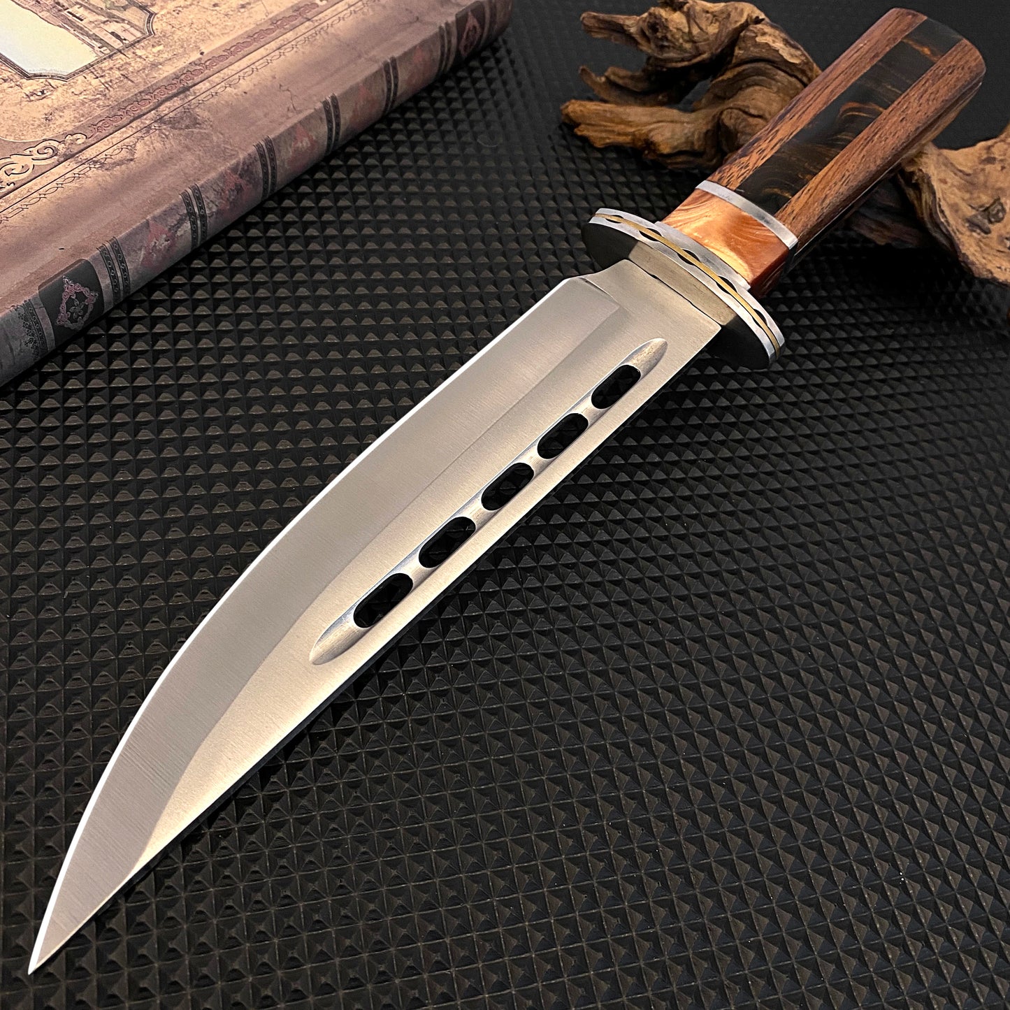 Outdoor tactical straight knife with wooden handle, featuring a nylon sheath—ideal for wilderness expeditions.