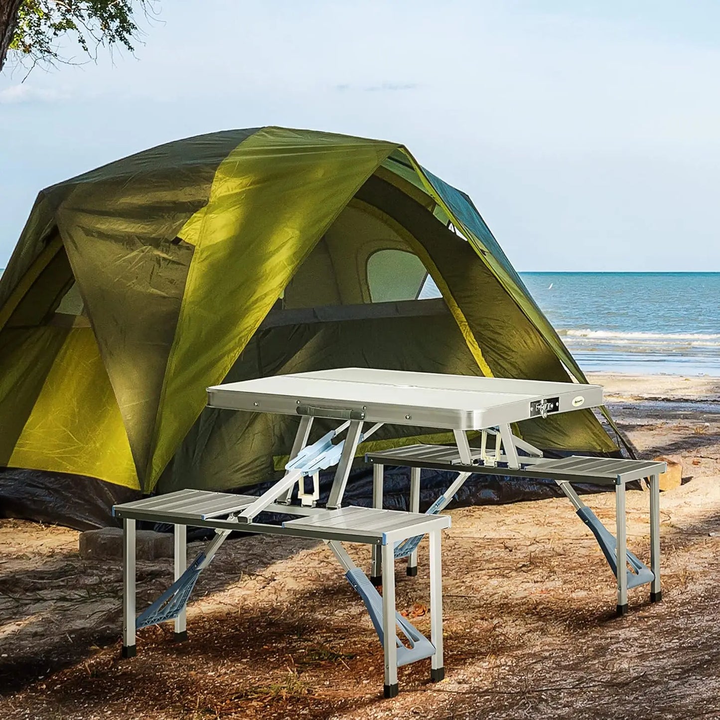 Folding Picnic Table with Umbrella Hole, Aluminum Suitcase Portable Outdoor Table with Bench, Patio, Porch or, Customized
