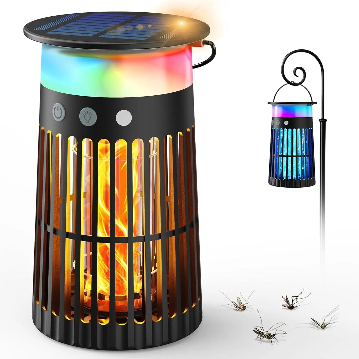 Solar Bug Zapper Outdoor, Portable Electric Mosquito Killer Rechargeable Insect Trap with LED Night Light and Flame Effect