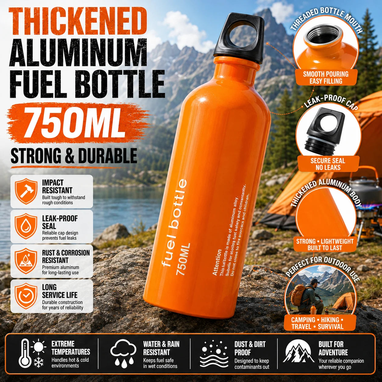 750ml Aluminum Fuel Bottle Camping Stove Gas Oil Storage Can Leakproof Orange Lightweight Outdoor Fuel Container for Backpacking Hiking Picnic Camp Burner Refill Portable Travel Bottle Durable Safety Cap Camping Gear Accessor