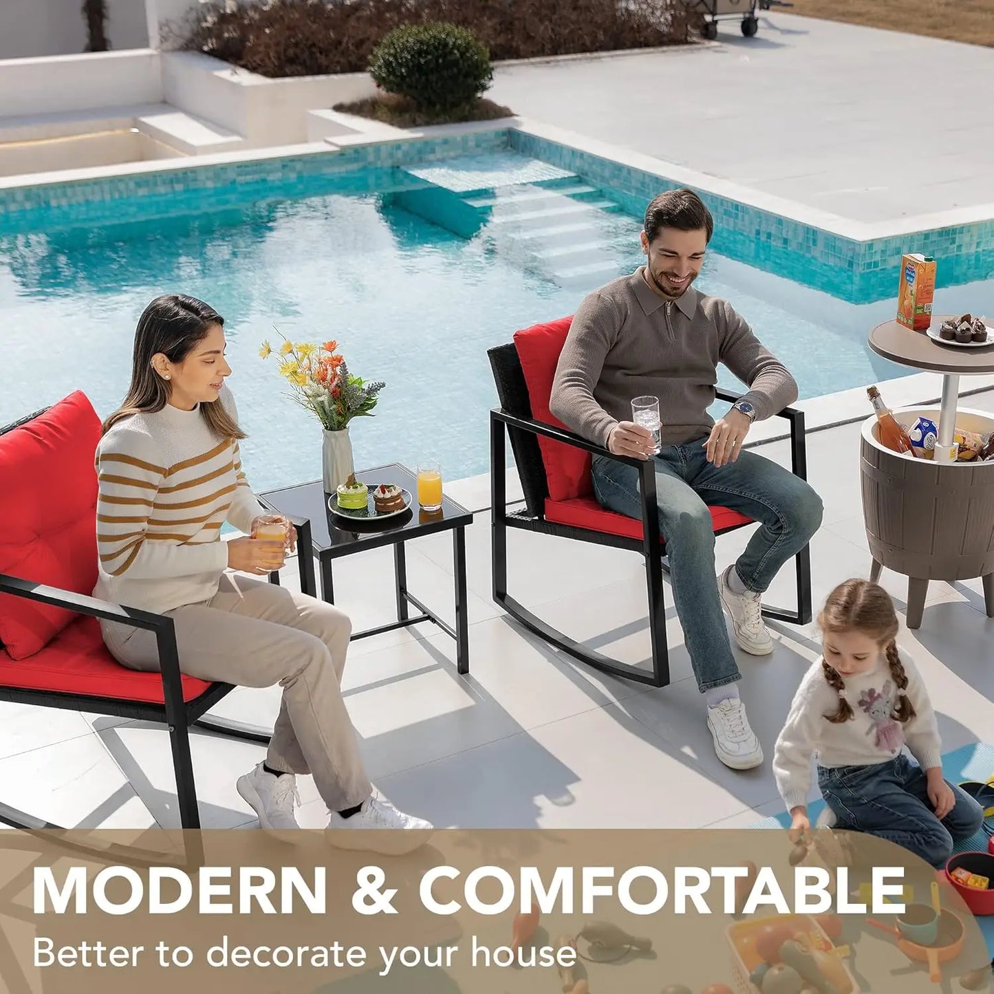 3 Piece Rocking Bistro Set Wicker Patio Outdoor Furniture Porch Chairs Conversation Sets with Glass Coffee Table, Customized