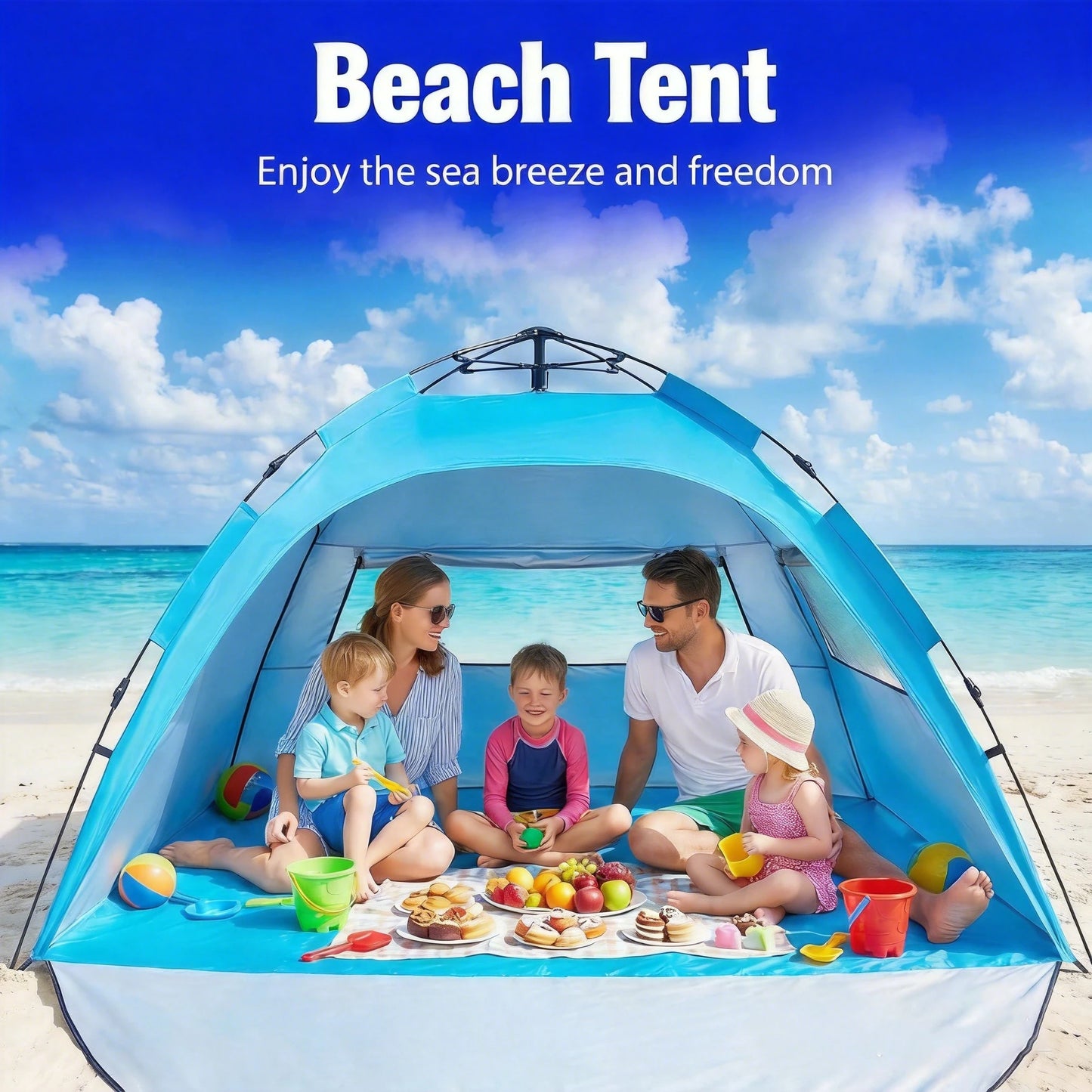 Automatic Rainproof Sunshine-proof Instant Pop-Up Beach Tent Sun Shelter with UPF 50+ UV Protection,Lightweight Easy Setup Portable Beach Canopy Portable Foldable Sun Shelter for Camping,Hiking,Fishing, Outdoor,Family Beach V