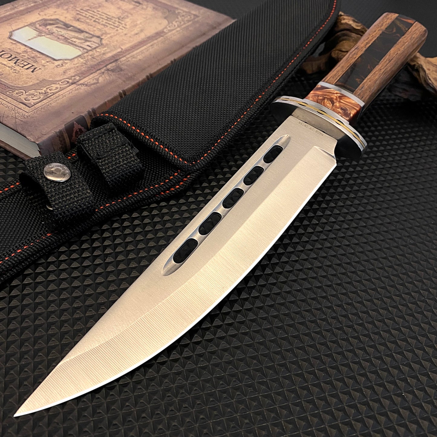 Outdoor tactical straight knife with wooden handle, featuring a nylon sheath—ideal for wilderness expeditions.