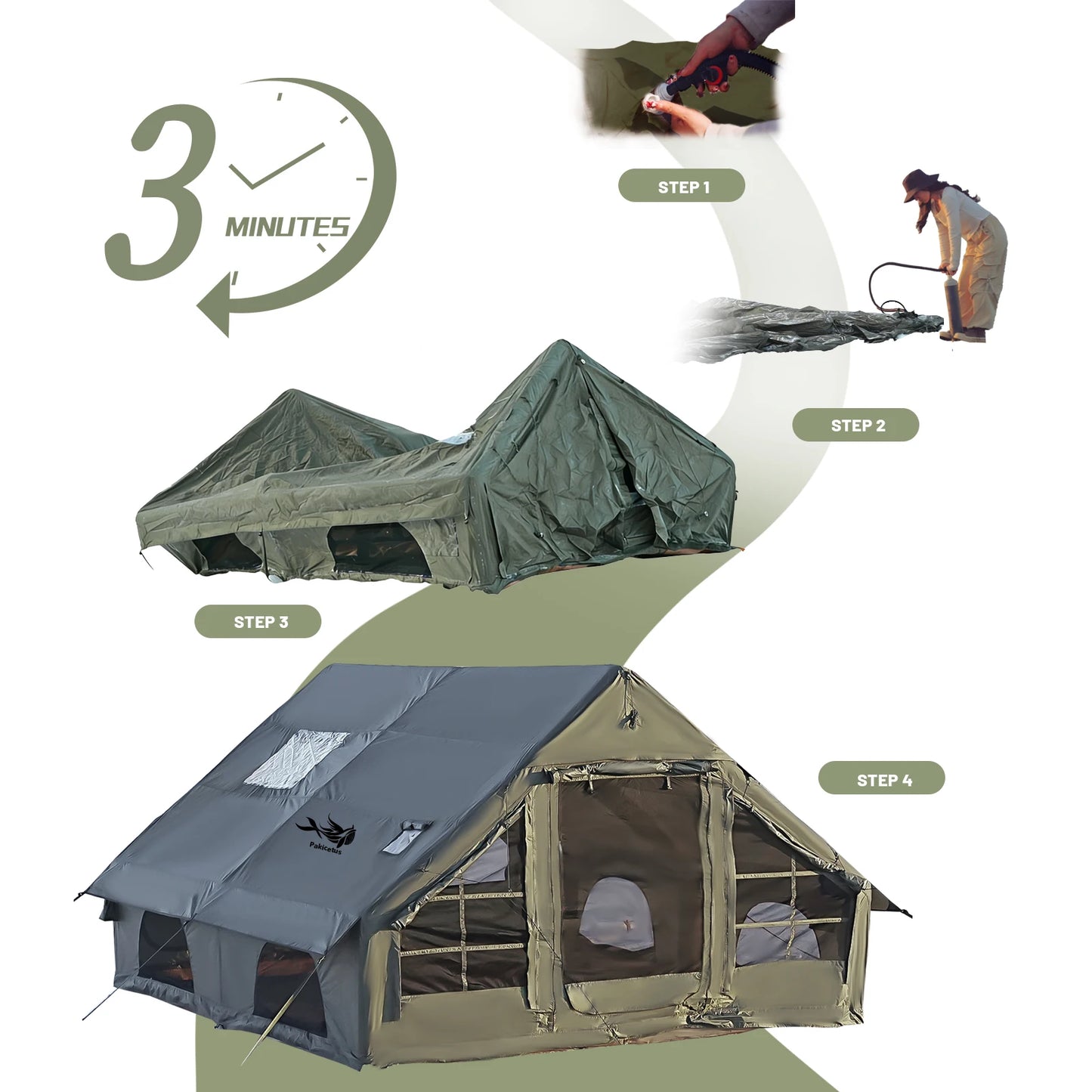 PAKICETUS Large Luxury Inflatable Camping Tent with Manual Hand Pump, Easy Setup 4 Season Anti-Snow Spacious Family Shelter, Weatherproof Air Tent for Outdoor Camping, Backyard Party & Wilderness Adventure