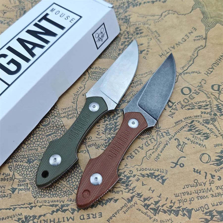 GiantMouse GMF3 Fixed Blade Knife Satin Drop Point Blade with Leather Sheath Outdoor Camping Hunting Portable Straight Knives