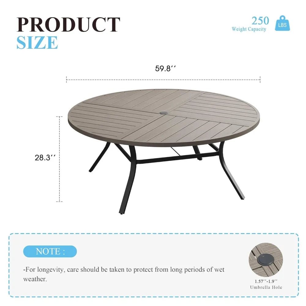 60" Round Patio Table with Umbrella Hole, All Weather Metal Outdoor Dining Table for 8, Outside Table, Customized