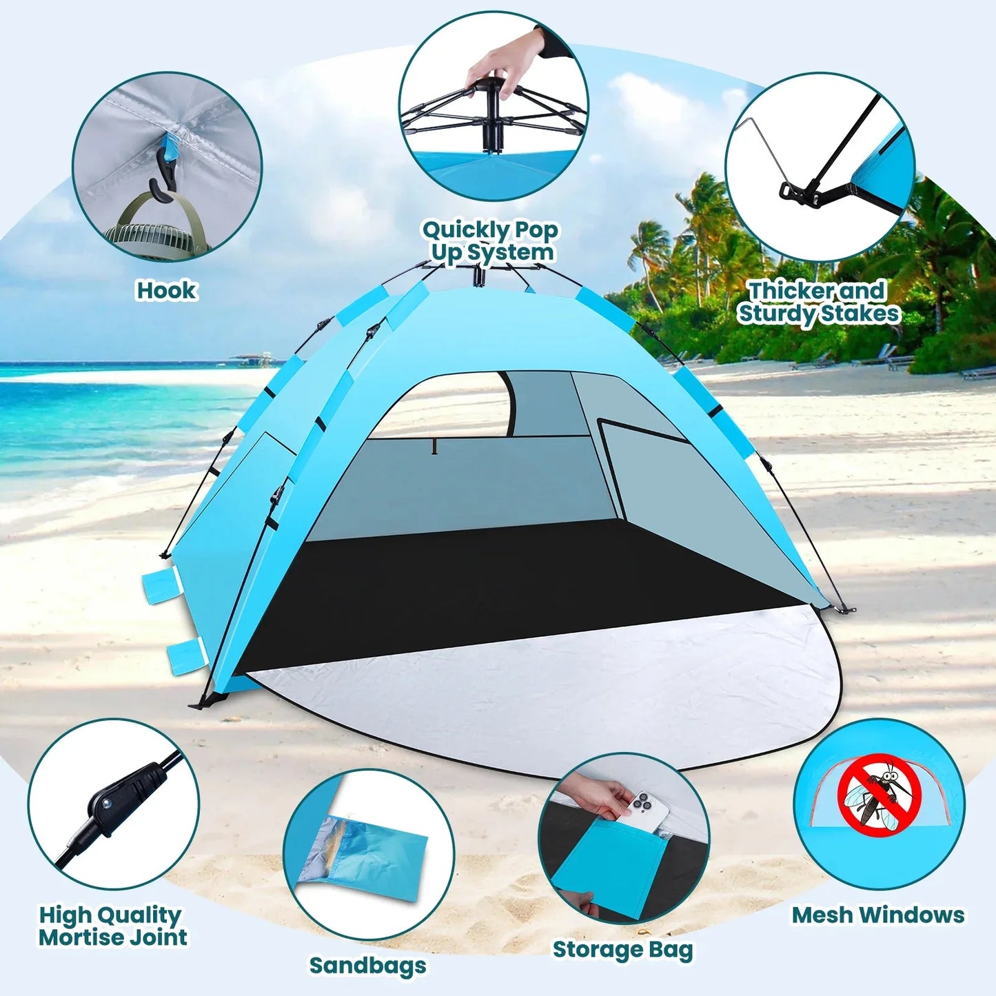 Automatic Rainproof Sunshine-proof Instant Pop-Up Beach Tent Sun Shelter with UPF 50+ UV Protection,Lightweight Easy Setup Portable Beach Canopy Portable Foldable Sun Shelter for Camping,Hiking,Fishing, Outdoor,Family Beach V