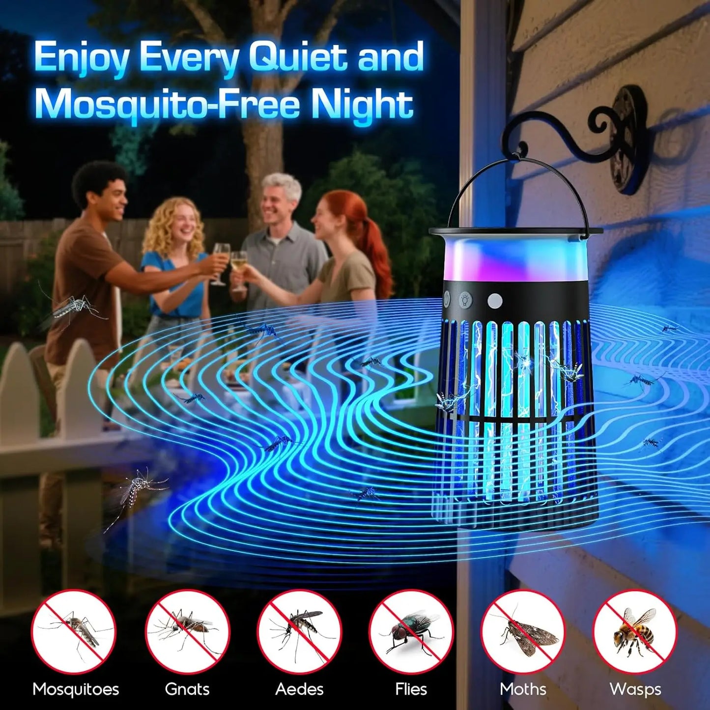 Solar Bug Zapper Outdoor, Portable Electric Mosquito Killer Rechargeable Insect Trap with LED Night Light and Flame Effect