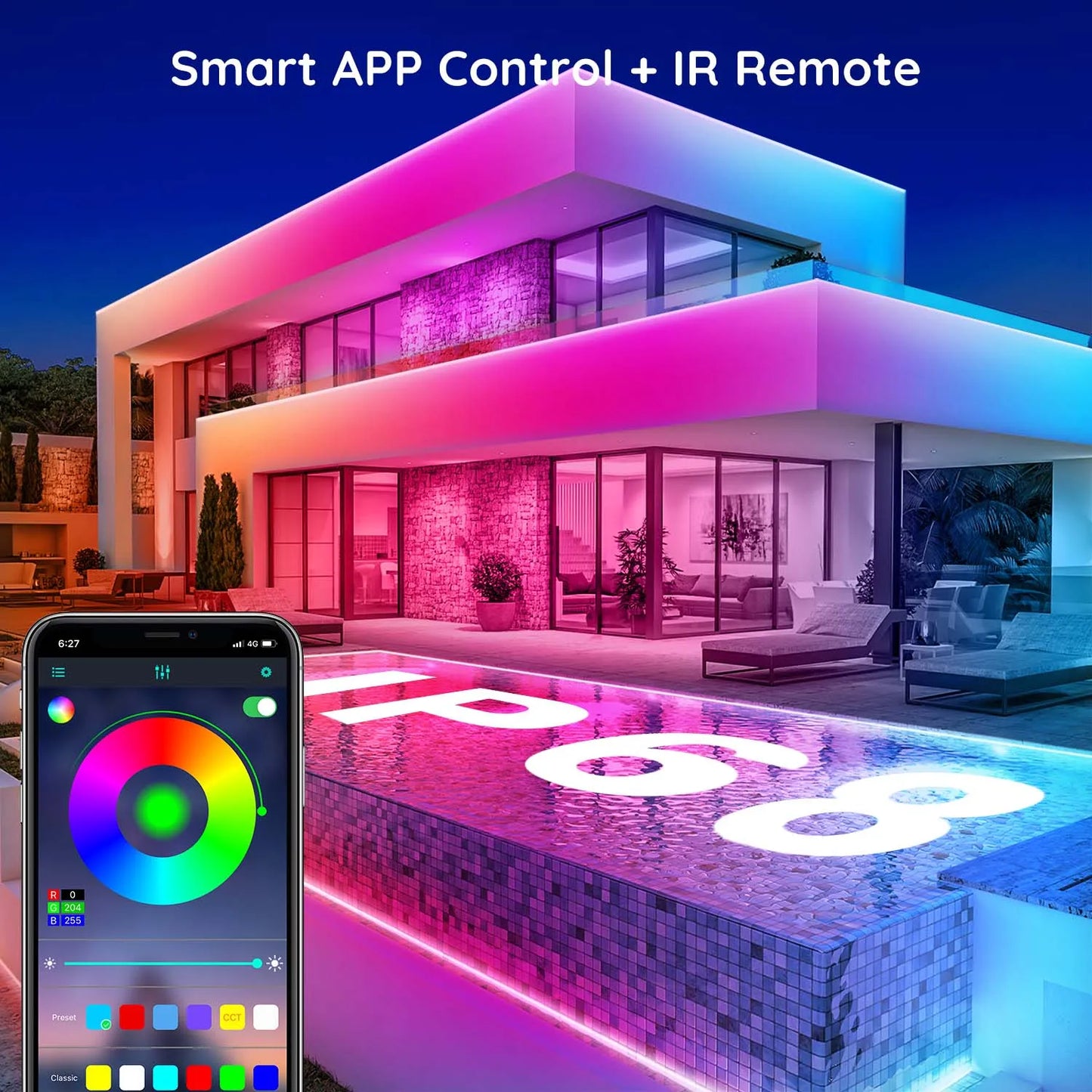 Outdoor Waterproof LED Strip Lights,50Ft Music Sync RGB IP65 Led Lights with App Control and Remote,Color Changing Waterproof Led Rope Lights for Outdoor,Balcony,Roof,Garden,Stairs Party
