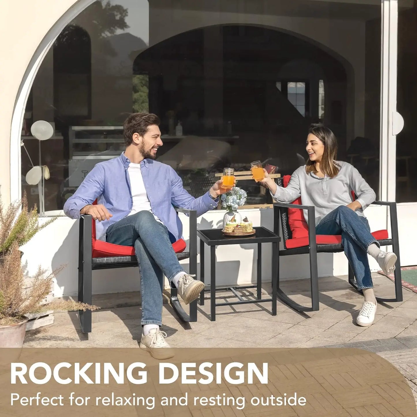 3 Piece Rocking Bistro Set Wicker Patio Outdoor Furniture Porch Chairs Conversation Sets with Glass Coffee Table, Customized