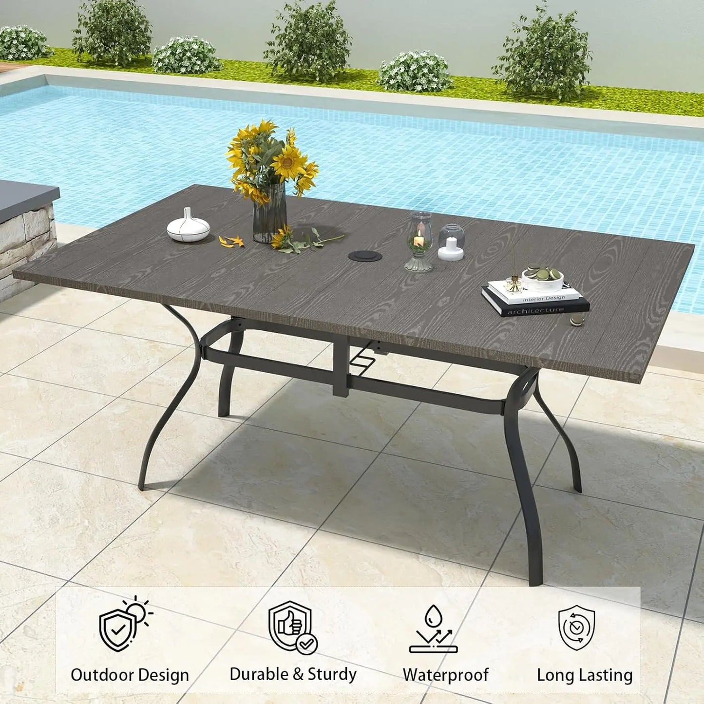 Rectangle Metal Dining Table with Umbrella Hole 6-Person Patio Garden Poolside 57in Brown, Customized