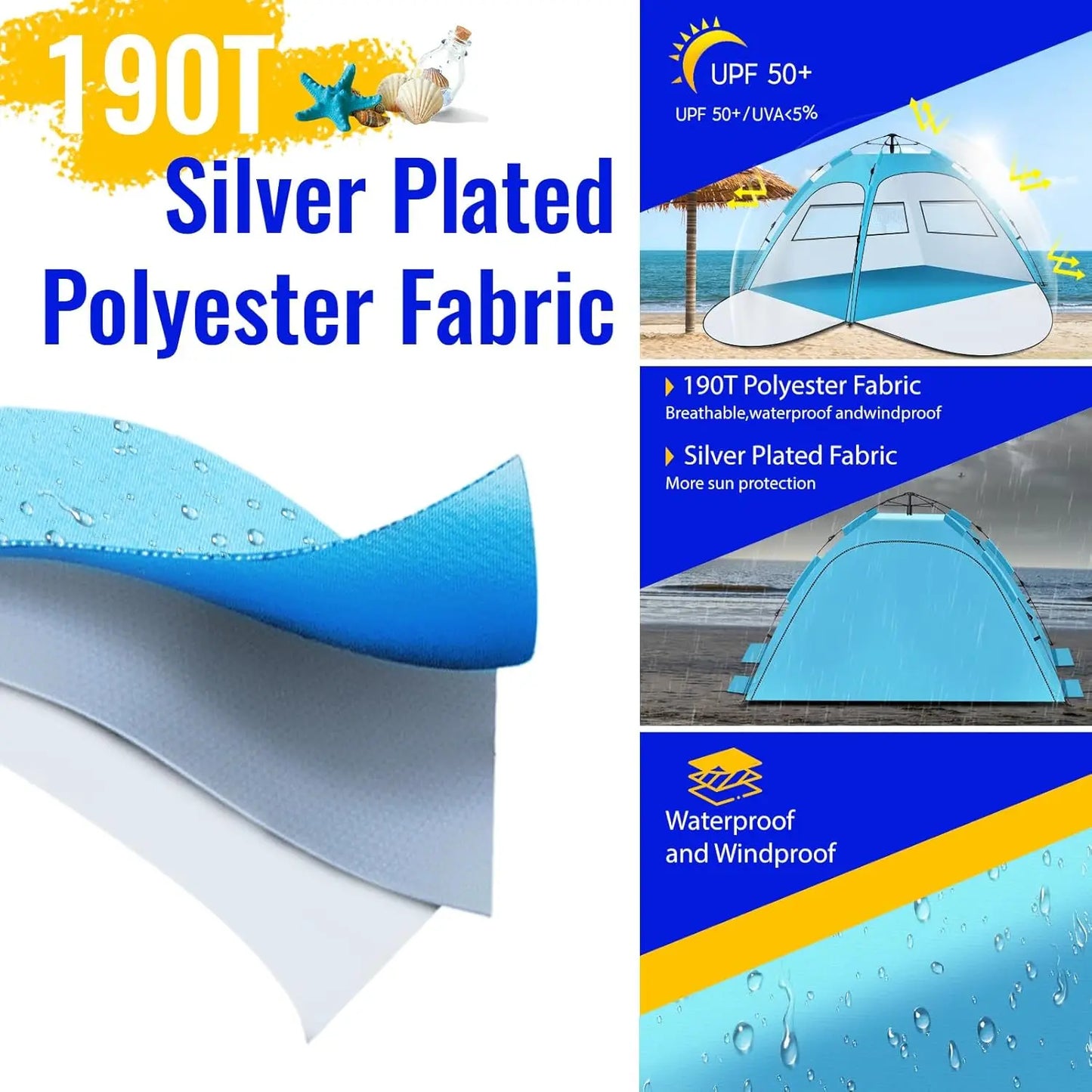 Automatic Rainproof Sunshine-proof Instant Pop-Up Beach Tent Sun Shelter with UPF 50+ UV Protection,Lightweight Easy Setup Portable Beach Canopy Portable Foldable Sun Shelter for Camping,Hiking,Fishing, Outdoor,Family Beach V