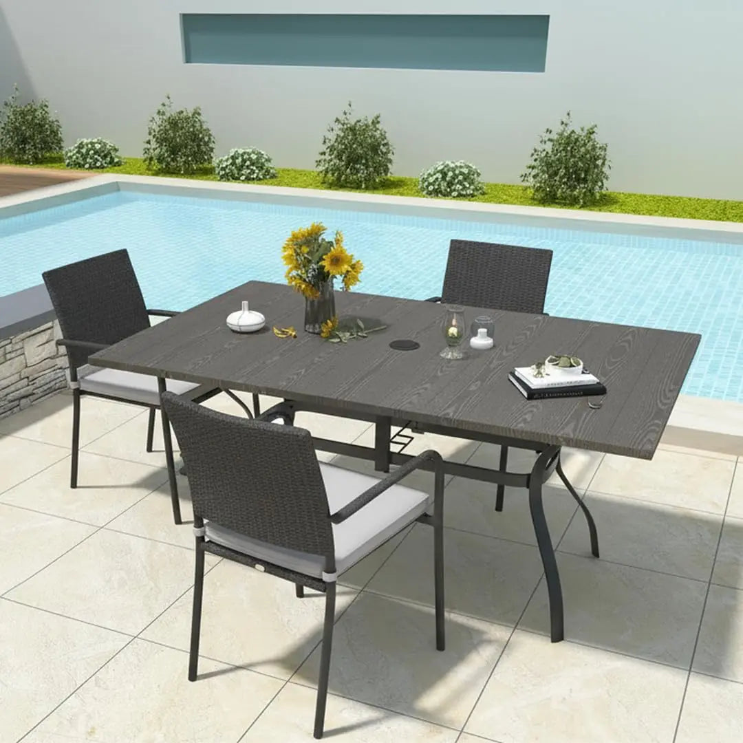 Rectangle Metal Dining Table with Umbrella Hole 6-Person Patio Garden Poolside 57in Brown, Customized