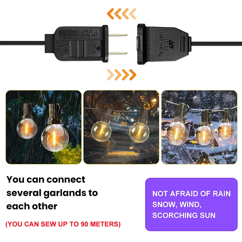 30M/15M/7M G40 LED Globe String Lights Outdoor with US Plug, Bright Plastic Waterproof Bulbs For Party Garden Garland Lamp
