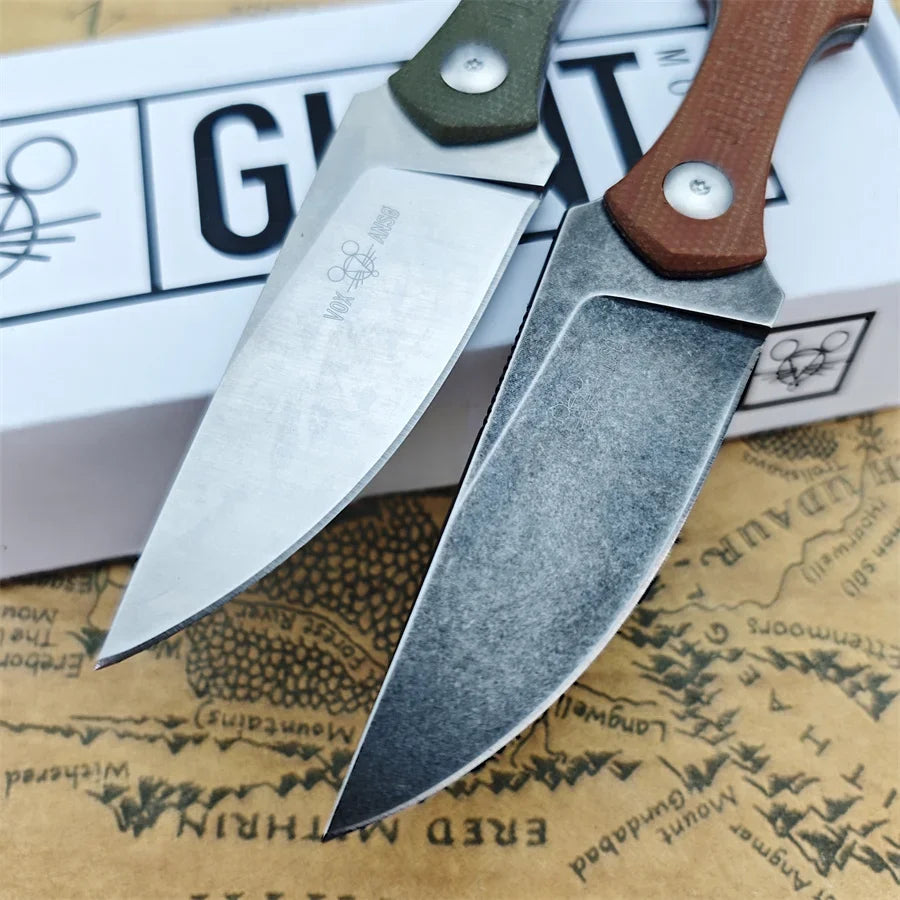 GiantMouse GMF3 Fixed Blade Knife Satin Drop Point Blade with Leather Sheath Outdoor Camping Hunting Portable Straight Knives