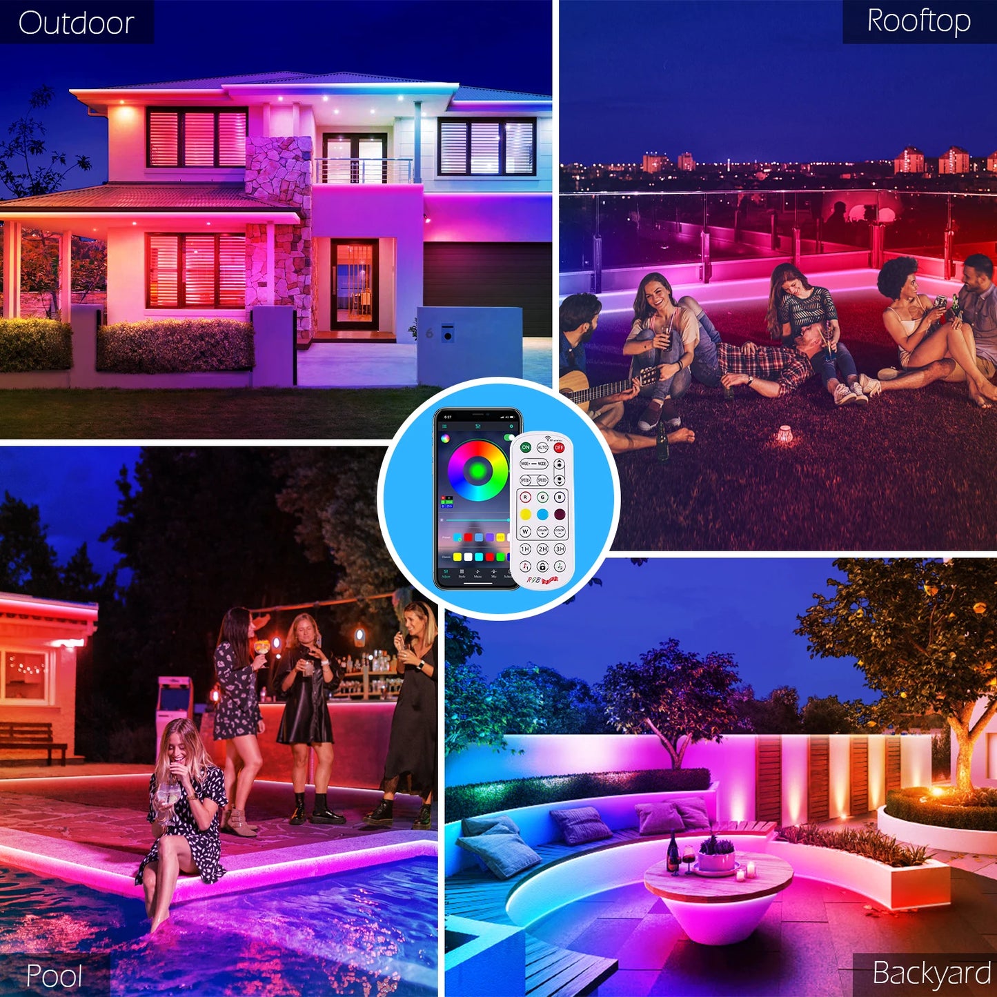 Outdoor Waterproof LED Strip Lights,50Ft Music Sync RGB IP65 Led Lights with App Control and Remote,Color Changing Waterproof Led Rope Lights for Outdoor,Balcony,Roof,Garden,Stairs Party