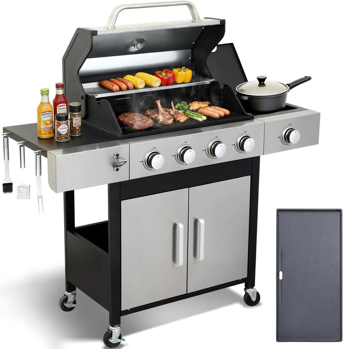 3 Burner Propane Gas Grill, Outdoor BBQ Grill with Side Burner, Barbecue Grill with Cast Iron Grate, Outdoor Gas, Customized