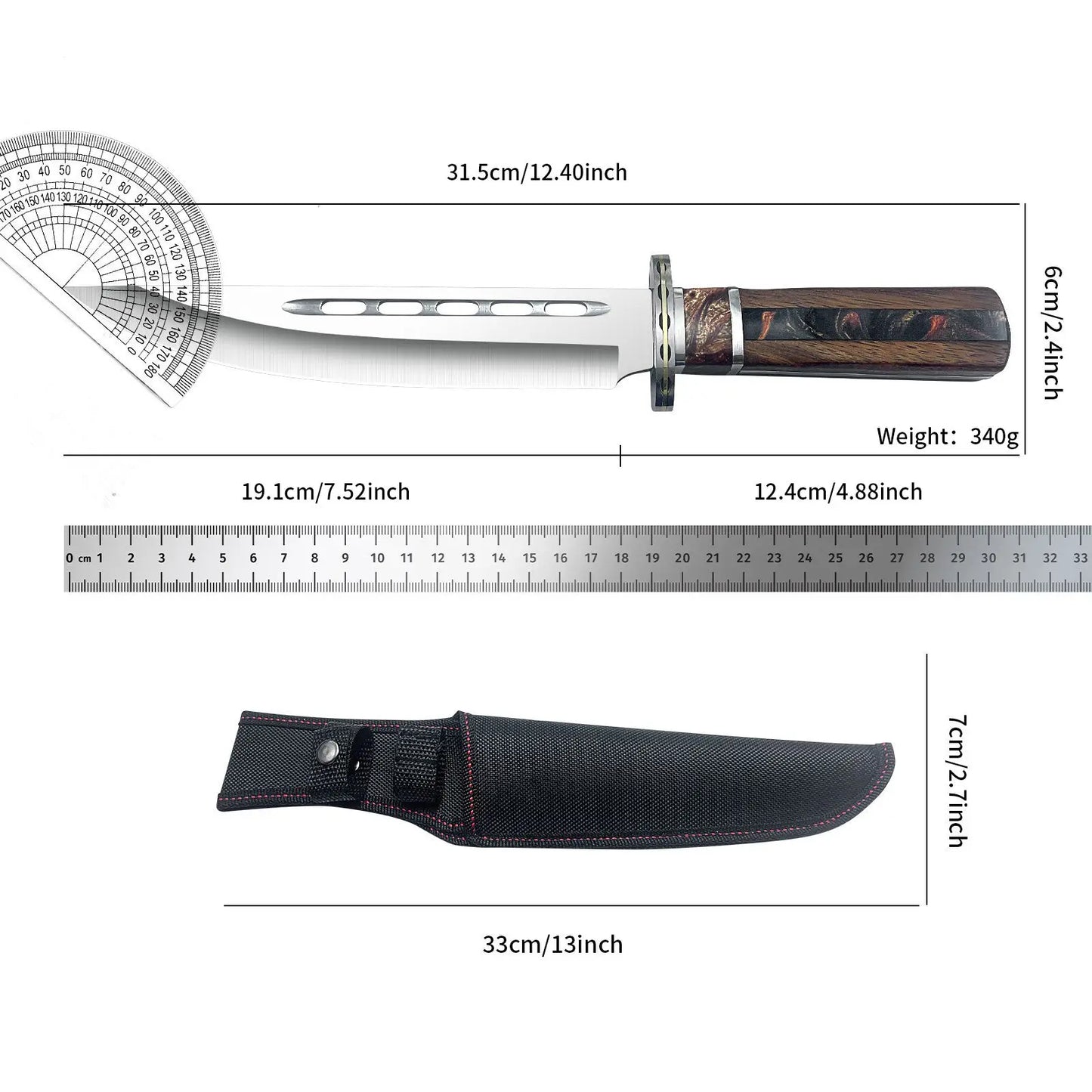 Outdoor tactical straight knife with wooden handle, featuring a nylon sheath—ideal for wilderness expeditions.
